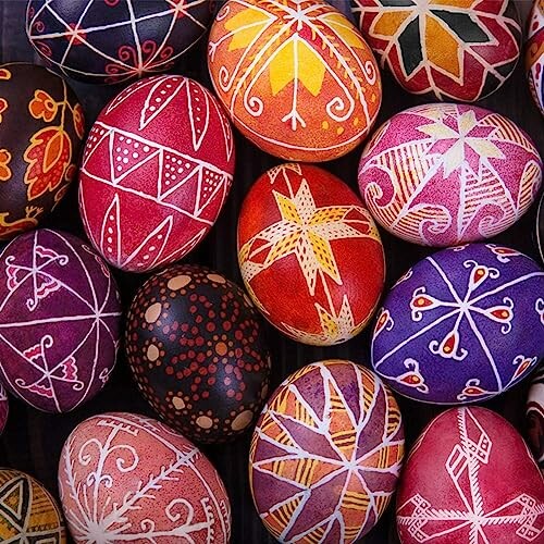 Colorful decorated eggs with intricate patterns.